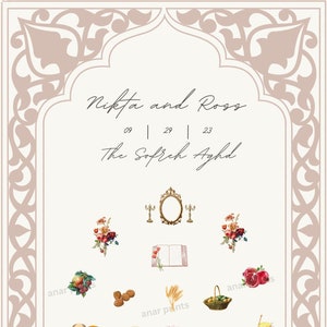 May include: A Sofreh Aghd, a traditional Persian wedding spread, with a mirror, candles, flowers, pomegranates, bread, and other symbolic items. The text reads "Nikta and Ross 09 | 29 | 23 The Sofreh Aghd".