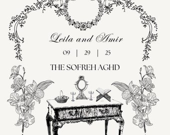 Sofreh Aghd Handheld Card for Persian Weddings | Digital Template | Persian Wedding Program | Iranian Wedding Program | Black and White
