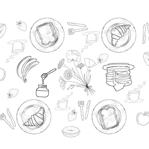 Puede incluir: Un dibujo en blanco y negro de un desayuno con una variedad de alimentos, incluyendo croissants, tostadas, panqueques, fruta y café. El dibujo está sobre un fondo blanco.