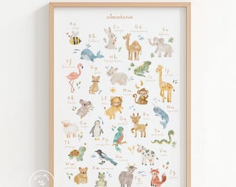 Spanish Alphabet Poster for Kids, Bilingual Nursery Wall Art, Animal ABC Printable, Teach Spanish at Home, Montessori Learning Print
