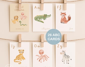 Animal Alphabet Flashcards Printable, ABC Flash Cards for Toddlers, Phonics Watercolor Letter Cards, Preschool Classroom (Instant Download)