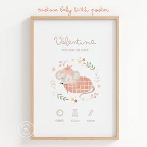 Lámina de Nacimiento Personalizada Niña, Cuadro con Datos de Nacimiento, Póster Anuncio Nacimiento, Regalo Bebé Niña