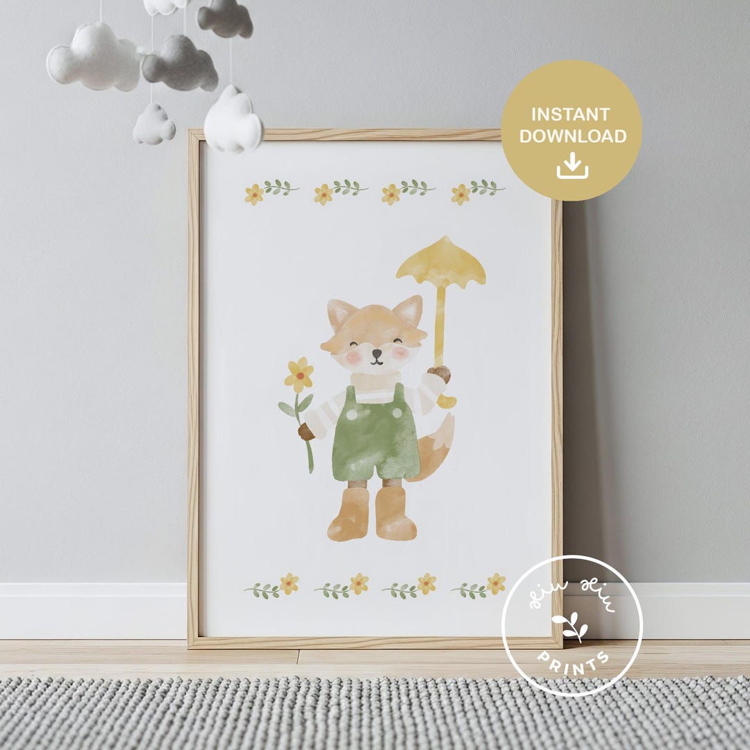 Woodland Fox Nursery Wall Art Printable, Cute Forest Animal Decor for ...