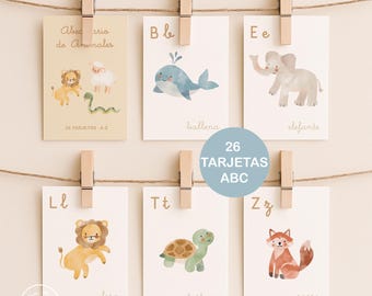 Spanish Alphabet Flashcards Printable | Watercolor Animal ABC Cards | Spanish Learning for Kids | Preschool Bilingual | Instant Download