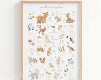 Woodland Alphabet Poster Printable, Watercolor Forest Animal ABC Nursery Wall Art, Montessori ABC Chart, Woodland Nursery Decor