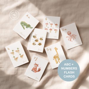 Puede incluir: Un conjunto de tarjetas educativas rectangulares con ilustraciones en acuarela de animales y números. Las tarjetas muestran las letras A, F, G, O y los números 4, 5, 6 con imágenes de caimán, zorro, jirafa, pulpo, patos, abejas y setas. Texto: ABC + NUMBERS FLASH CARDS.