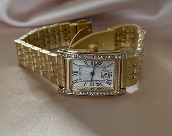 Reloj de diamantes dorados y plateados para mujer, reloj de mujer de acero inoxidable con diamantes, reloj rectangular con diamantes numéricos romanos añadidos, regalo