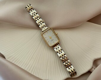 Reloj de pulsera para mujer de oro y plata, reloj de dos tonos para mujer, reloj de pulsera de dos colores, reloj de esfera rectangular, reloj minimalista, reloj elegante