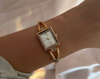 Gold Damen Armbanduhr, zierliche Uhr mit Diamant, Minimalist Uhrenarmband, Vintage Uhren für Frauen, Luxusuhr, Statement Geschenk