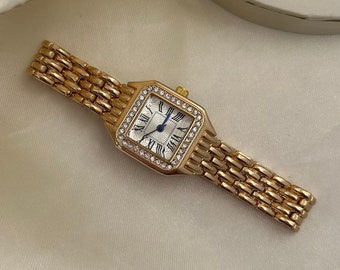 Reloj chapado en oro para mujer, reloj de oro con diamantes, precioso reloj vintage, reloj de mujer minimalista, reloj de uso diario, reloj de esfera de números romanos