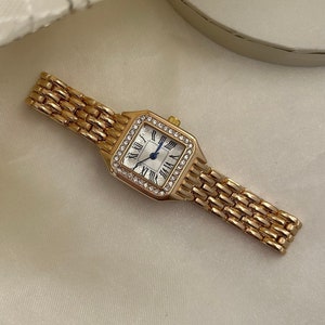 Montre plaquée or pour femme, montre en or avec diamants, belle montre vintage, montre femme minimaliste, montre à usage quotidien, montre à cadran avec chiffres romains image 1