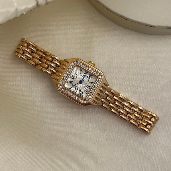 Gold plated watch for women, gold watch with diamonds, lovely vintage watch, minimalist women watch,daily use watch,roman numeral dial watch