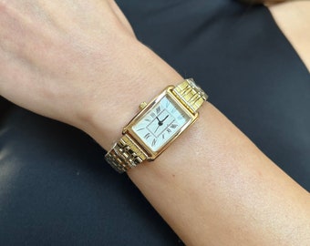 Gold vintage watch for women, Silver dainty watch, Luxury brand tank watch, Adjustable band wrist size, Best quality watch as a present