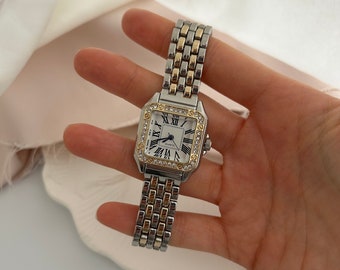 Reloj de pulsera para mujer de dos tonos, reloj de pulsera para mujer de oro y plata, reloj encantador con números romanos, reloj vintage para mujer, reloj CZ, regalo para ella