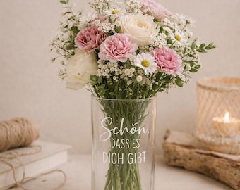 Vaso in vetro personalizzato con testo a scelta | Vaso regalo con erba della pampa | Vaso decorativo moderno | Regalo per matrimoni, mamme, fidanzate