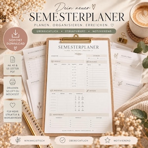 Könnte beinhalten: Ein Semesterplaner auf weißem Papier, befestigt an einem goldenen Klemmbrett. Das Dokument enthält Abschnitte für Module, Fristen, Prüfungen und Ziele. Weitere Seiten sind hinter dem Klemmbrett sichtbar, zusammen mit einem goldenen Stift.