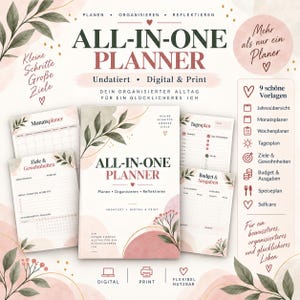 Könnte beinhalten: Ein All-in-One undatierter digitaler und druckbarer Planer mit einem Cover, das botanische Illustrationen in sanften Rosa- und Grüntönen zeigt. Das Set enthält verschiedene Seitenlayouts für Monats-, Tages- und Budgetplanung sowie Zielverfolgung.