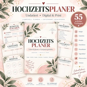 Könnte beinhalten: Ein Hochzeitsplaner-Set mit einem zentralen Deckblatt mit der Aufschrift HOCHZEITSPLANER und floralen Akzenten, umgeben von verschiedenen Innenseiten wie Budget, Gästeliste, Sitzplan, Checklisten, Tagesablauf und 55 schönen Vorlagen.