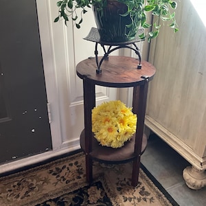 Antique arts and craft mission style side table;primitive style plant stand/ash tray table;two tiered oak table;possibly a Gustav Stickley