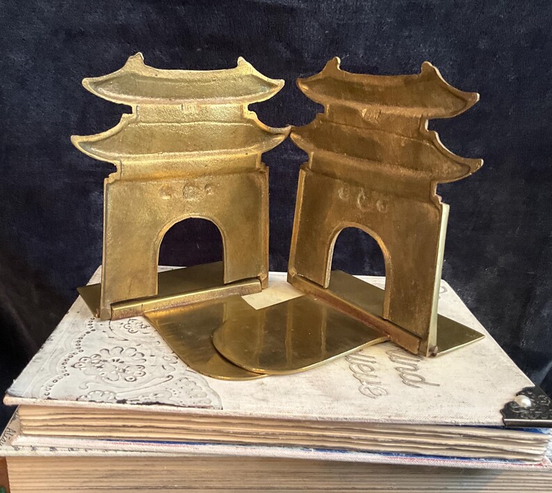 Vintage Pair of Brass Korean Pagoda Bookends; Metal Pagoda Temple Style ...