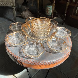 Antique Early American Pressed Glass Berry/fruit serving bowl & 12 matching berry dishes with gold trim; EAPG collectible serving bowl set