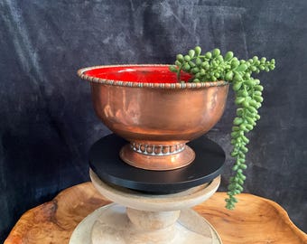 Gorgeous vintage collectible signed Sergei Nekrasoff enamel on copper footed bowl; Mid Century Nekrasoff decorative pedestal style bowl