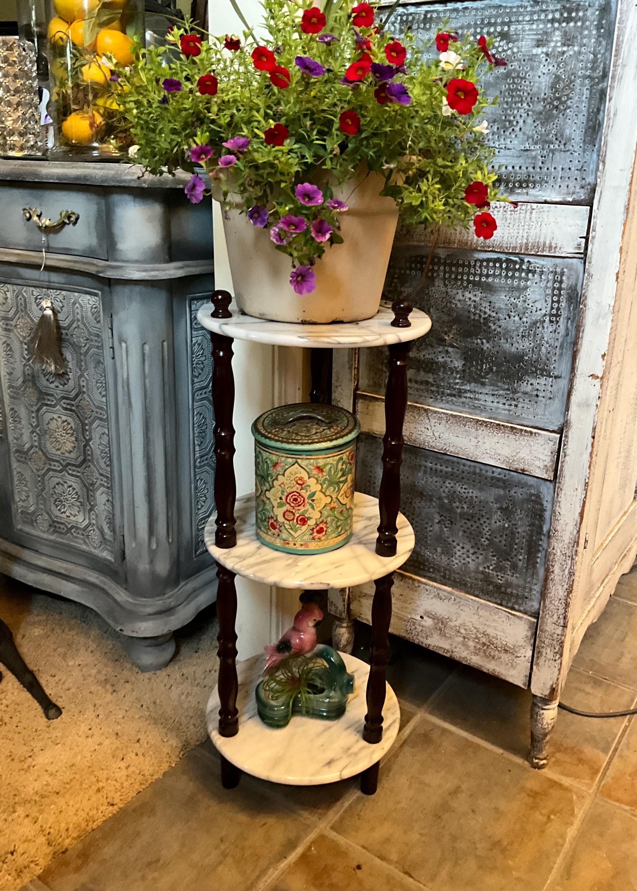 Mid Century Italian Marble Plant Stand, Mahogany Etagere Rosalco