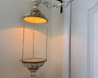 Lovely unique vintage hand painted hanging two tiered porcelain lamp