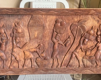Very Large 42” Vintage African Tribal Heavy Carved Wood Panel