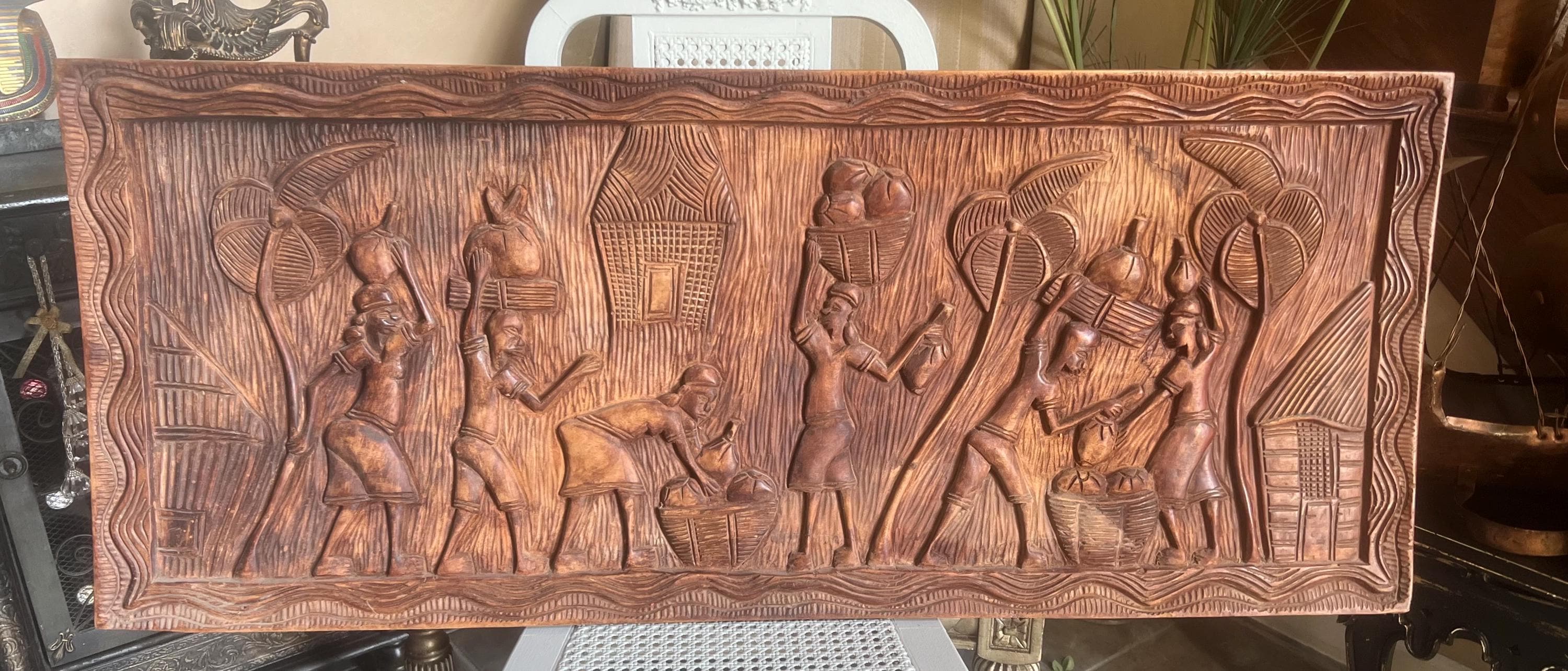 Very Large 42” Vintage African Tribal Heavy Carved Wood Panel