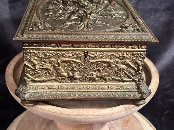 Vintage Ornate Metal Jewelry Box, Cherub & Floral Design: Repousse dresser/vanity chest; casket box View 2