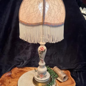 Beautiful Vintage Floral porcelain table lamp with vintage lace tasseled scalloped shade