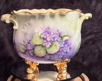 Gorgeous vintage/antique hand painted footed centerpiece bowl; handled candy bowl; early 1900’s bowl; signed Scribner - possibly Limoges