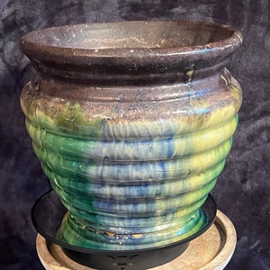 Gorgeous Vintage McCoy Beehive Majolica Jardiniere; Nelson McCoy planter;Brown, Green, Blue, and Yellow Flower Pot