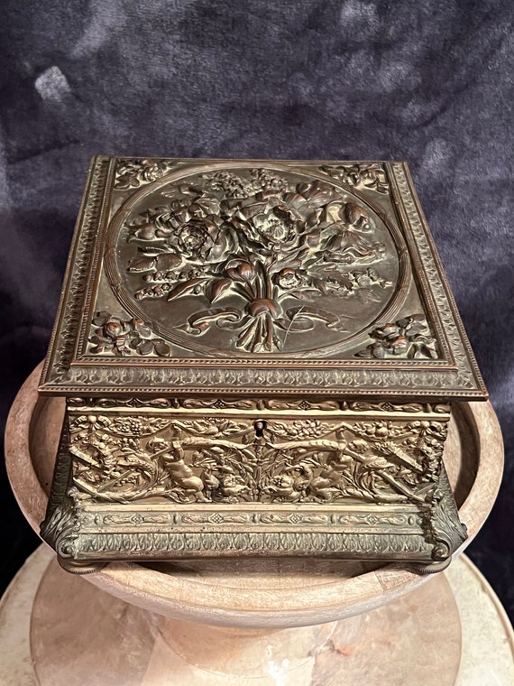 Vintage Ornate Metal Jewelry Box, Cherub & Floral Design: Repousse dresser/vanity chest; casket box