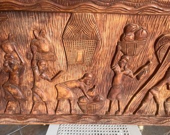 Large 42” Vintage African Tribal Carved Wood Panel - 42x17