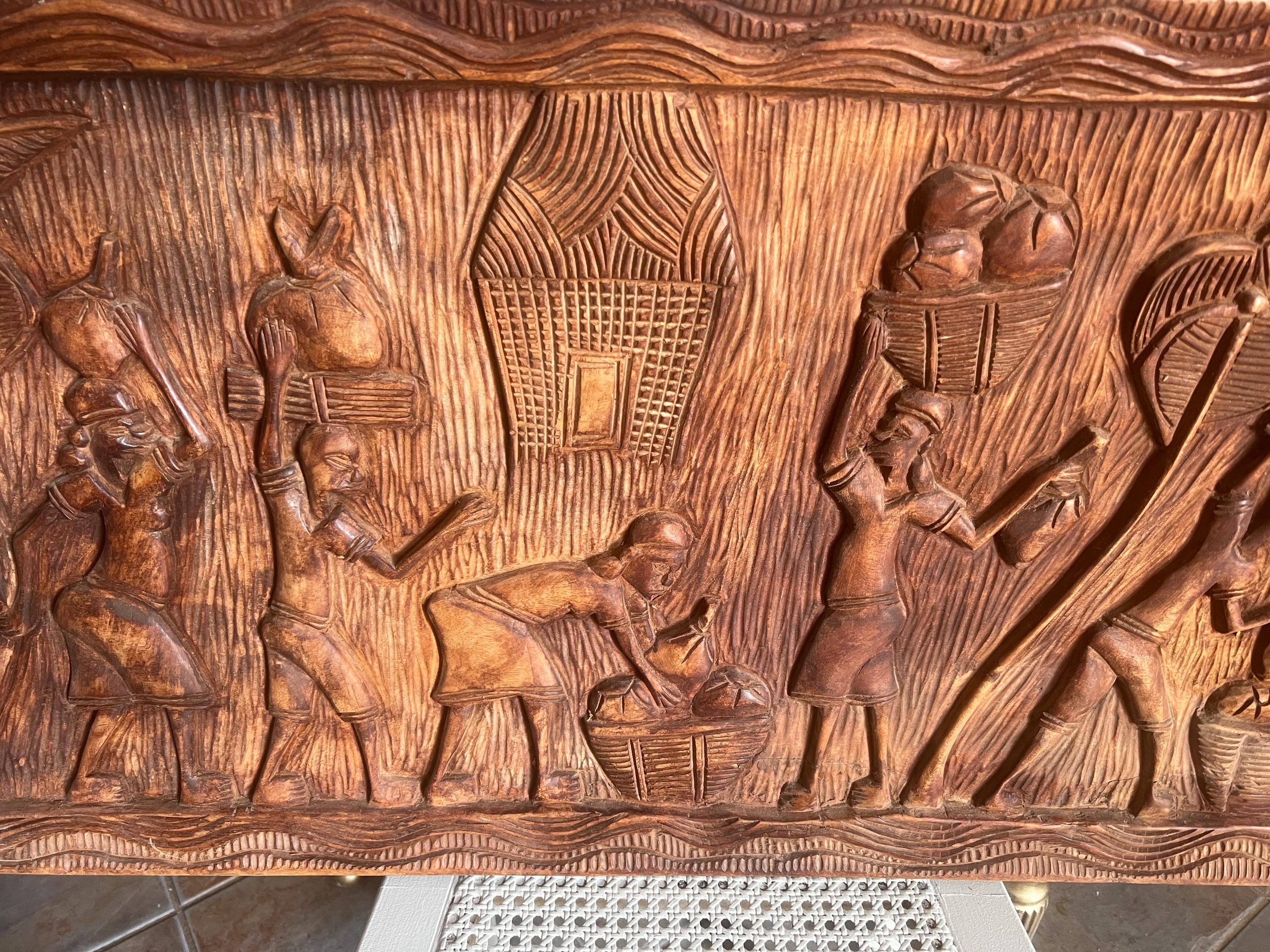 Very Large 42” Vintage African Tribal Heavy Carved Wood Panel