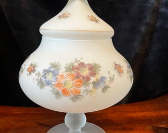 Vintage white satin frosted glass apothecary jar with lid, hand painted