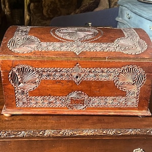 Antique 1905 small dowry chest/hope chest w/handles & curved lid; carved wooden trousseau chest/glory box; antique jewelry box or sewing box