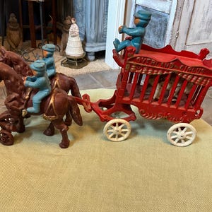 Vintage Kenton Cast Iron Overland Circus Wagon with Polar Bear; Red and Blue Two Horse Toy Wagon w/ Removable Riders