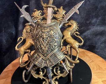 Spanish Revival style coat of arms with sword and halberds wall decor; Medieval wall decor
