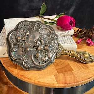 Antique Silver Plated Art Nouveau Hand Mirror; Early 1900s Victorian Vanity embossed flowers hand mirror