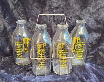 Vintage Milk Bottle Carrier & bottles; Bottle Holder with 4 Bottles; 4 Milk Bottles with Advertising in Carrier; Varirich Dairy milk bottles