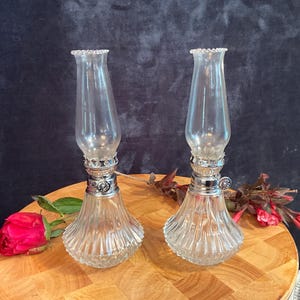 Vintage pair of Lamplight Farms 9” Diamond Point Cut Crystal Oil Lamps;  Vintage Oil Lamps with Glass Lamp Bases and Chimneys