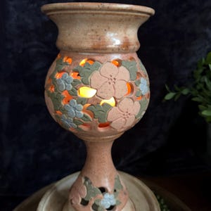 Vintage Kathy Veverka Signed 13” Tall Pottery Candle Holder - Hand Carved Floral Ceramic Luminary Chalice - Studio Art Pottery Votive Lamp