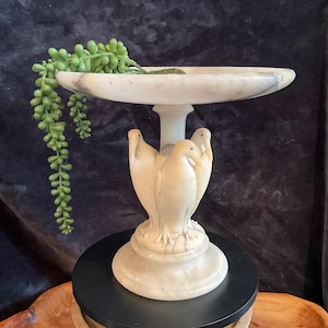 Antique/vintage alabaster tazza with a bird/pelican pedestal stand; small tabletop bird bath