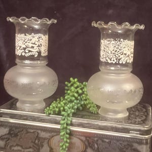 Beautiful pair of 8” tall antique/vintage frosted and etched shades with ruffle edge; glass lamp shades