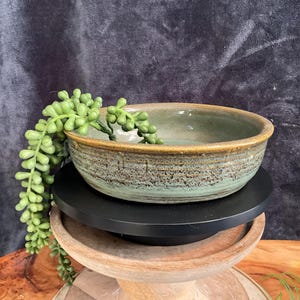 Gorgeous vintage/antique green & brown glazed Zanesville #9008 bulb planter; Stoneware Homespun Ribbed pottery bowl; Bonsai planter bowl