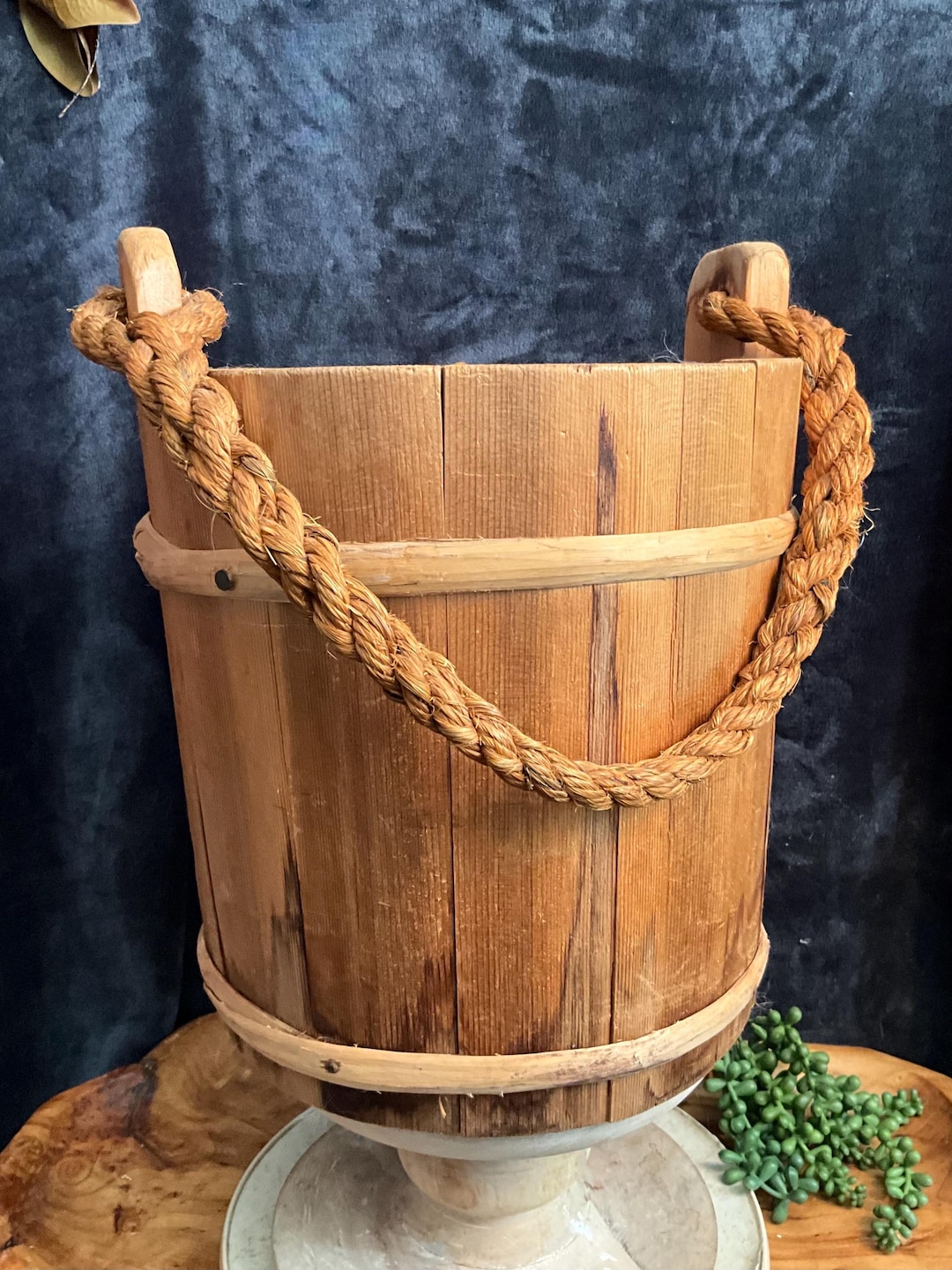 Vintage Handcrafted Wooden Bucket With Rope Handle, Sauder Village ...
