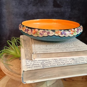 Vintage/antique art deco Czech hand painted round bowl planter with orange lustreware interior; Czechoslovakian bulb planter bowl
